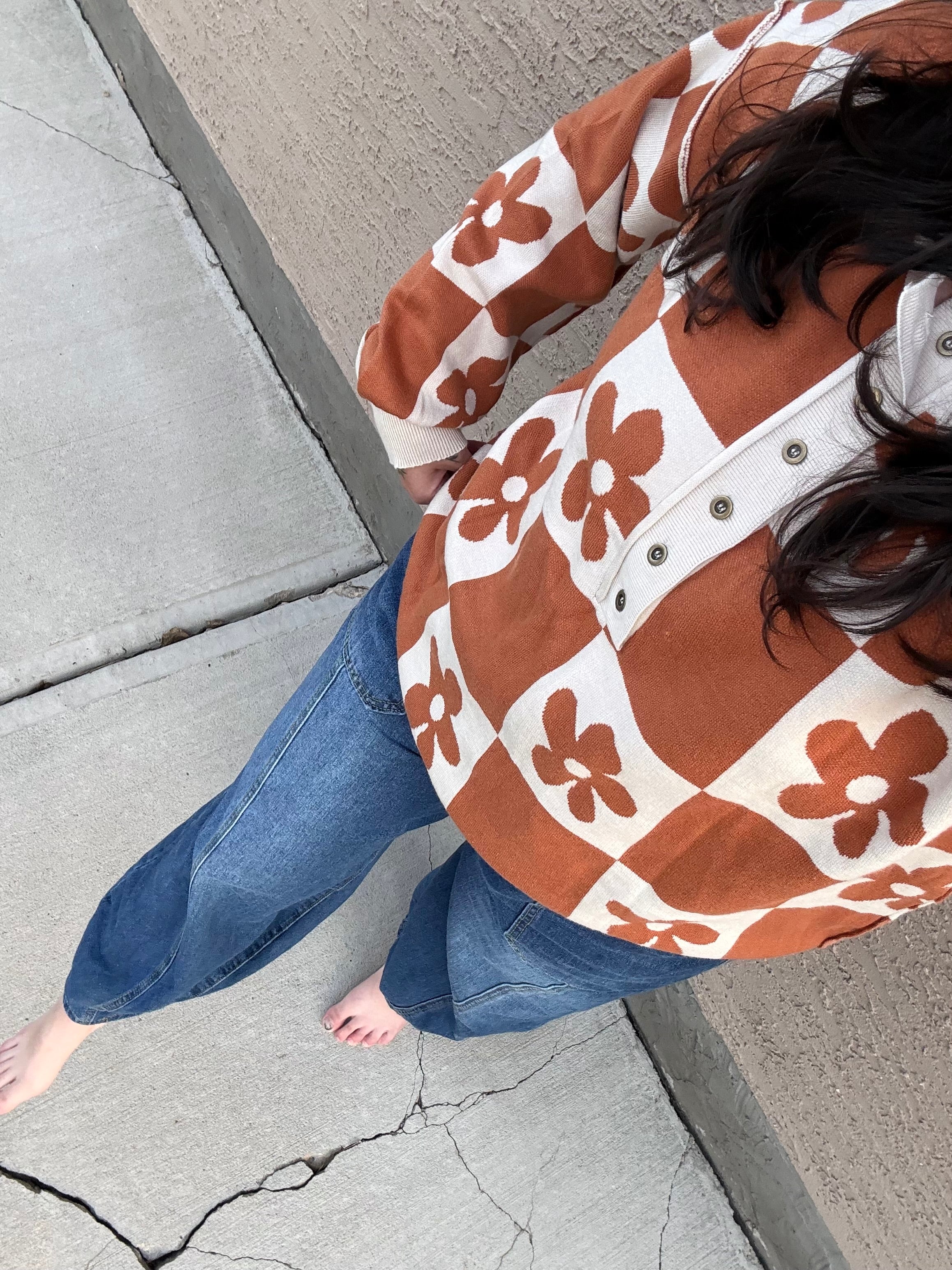 Flower Power Camel Henley Sweater