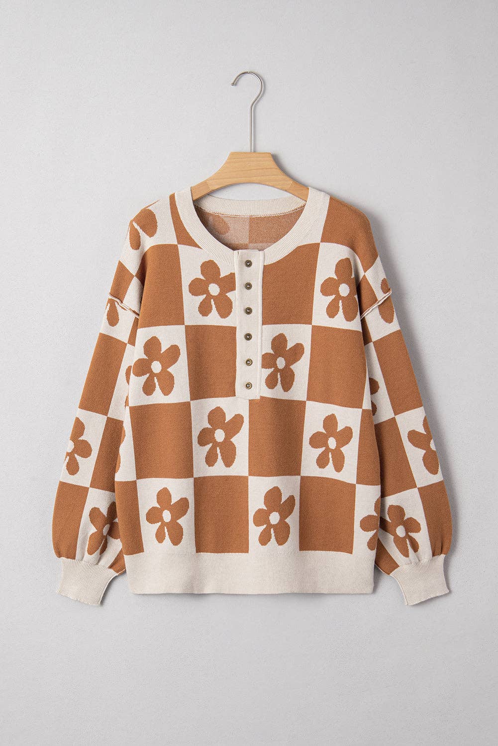 Flower Power Camel Henley Sweater
