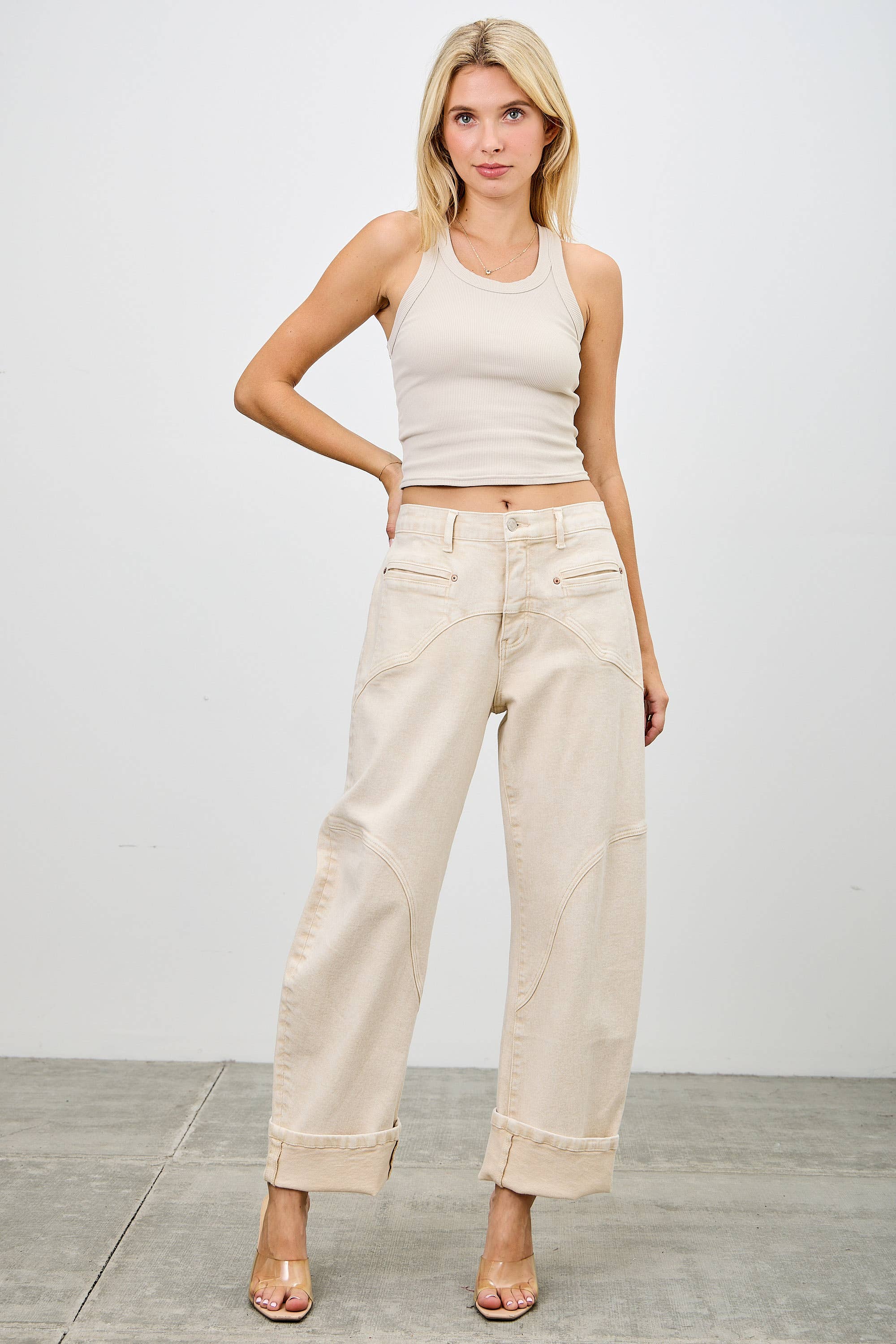 High rise cream barrel Jean