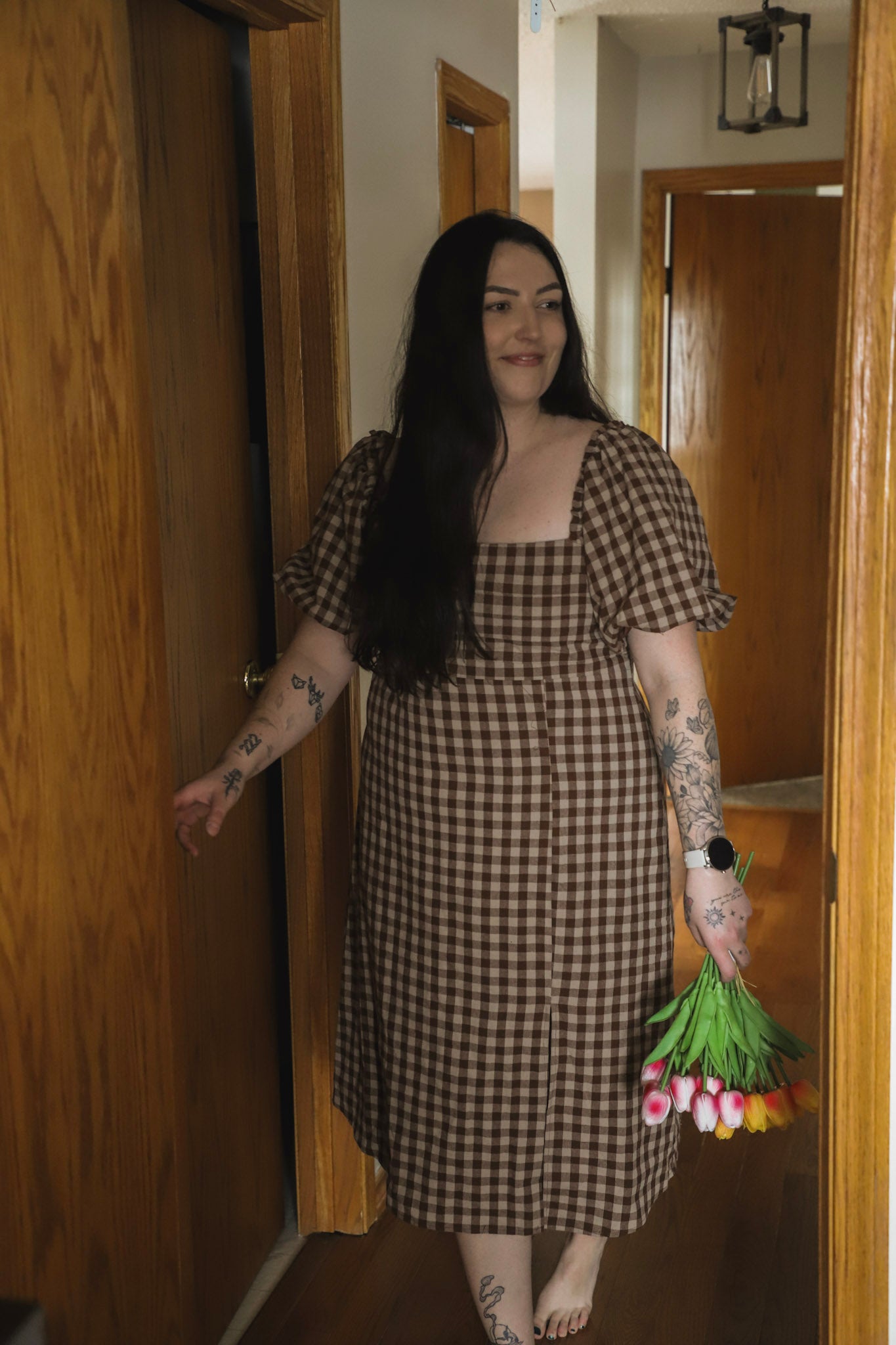 GINGHAM PRINT PUFF SLEEVE DRESS