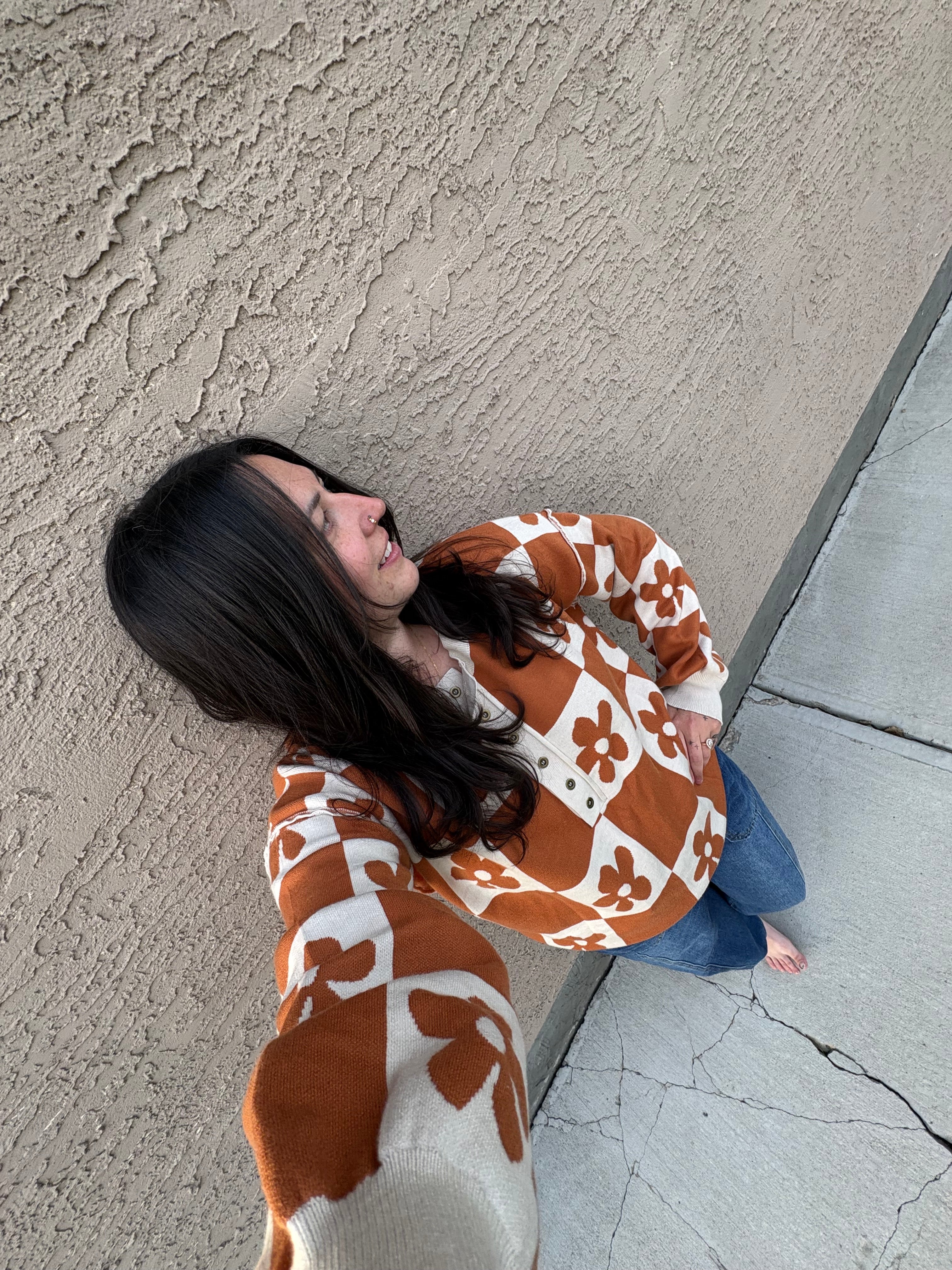 Flower Power Camel Henley Sweater