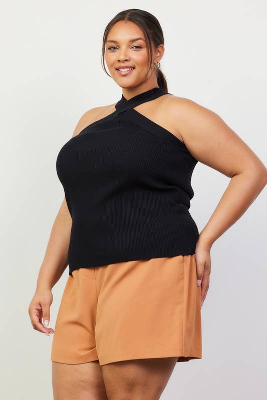 Crossed Neck Sleeveless Sweater Top