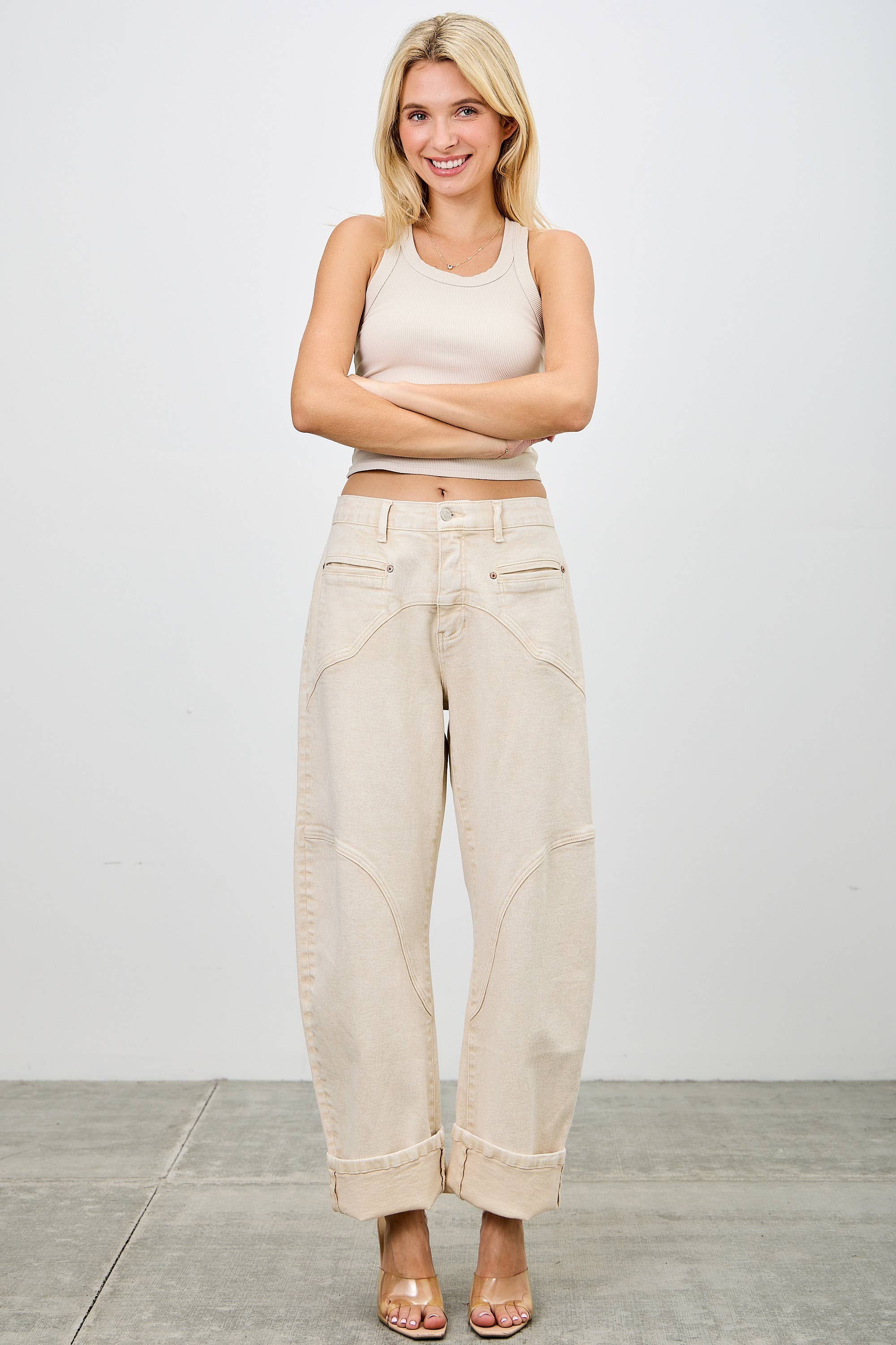 High rise cream barrel Jean