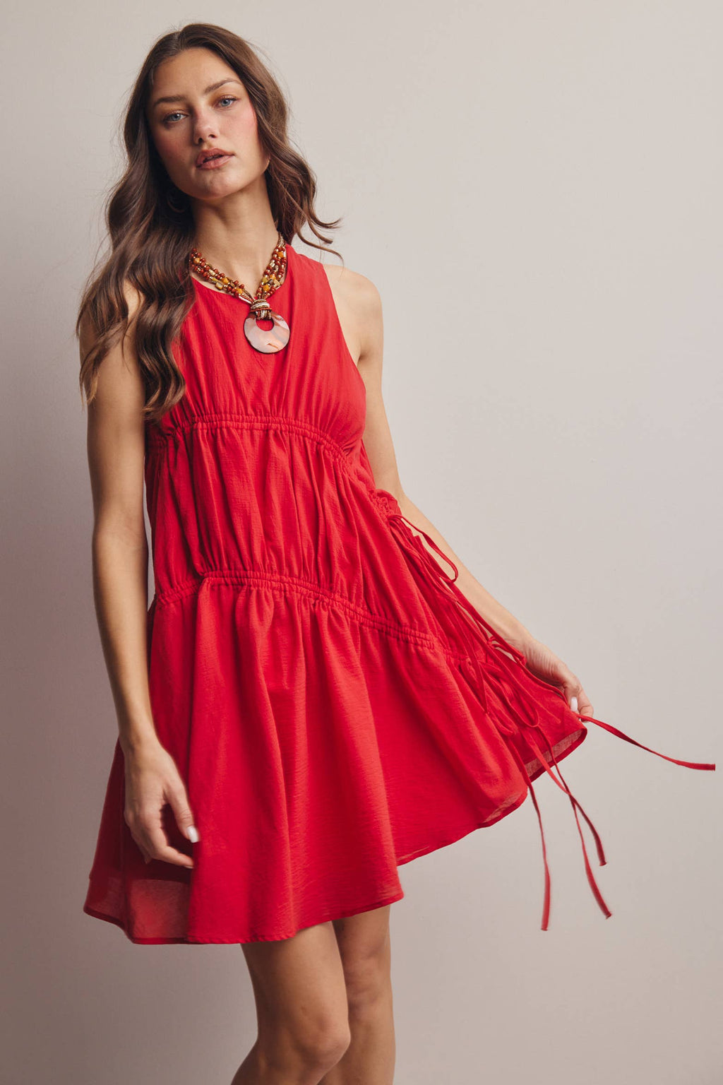 Ruched Tie Detail Lined Mini Dress