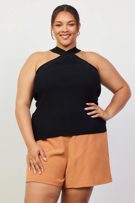 Crossed Neck Sleeveless Sweater Top