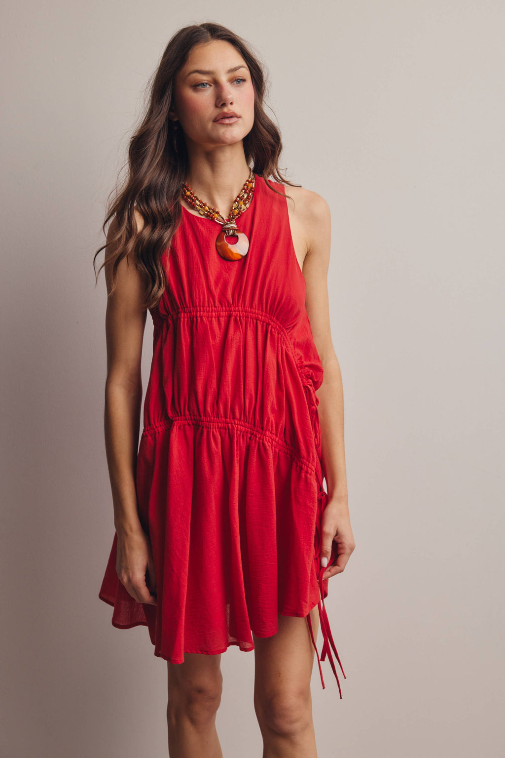 Ruched Tie Detail Lined Mini Dress